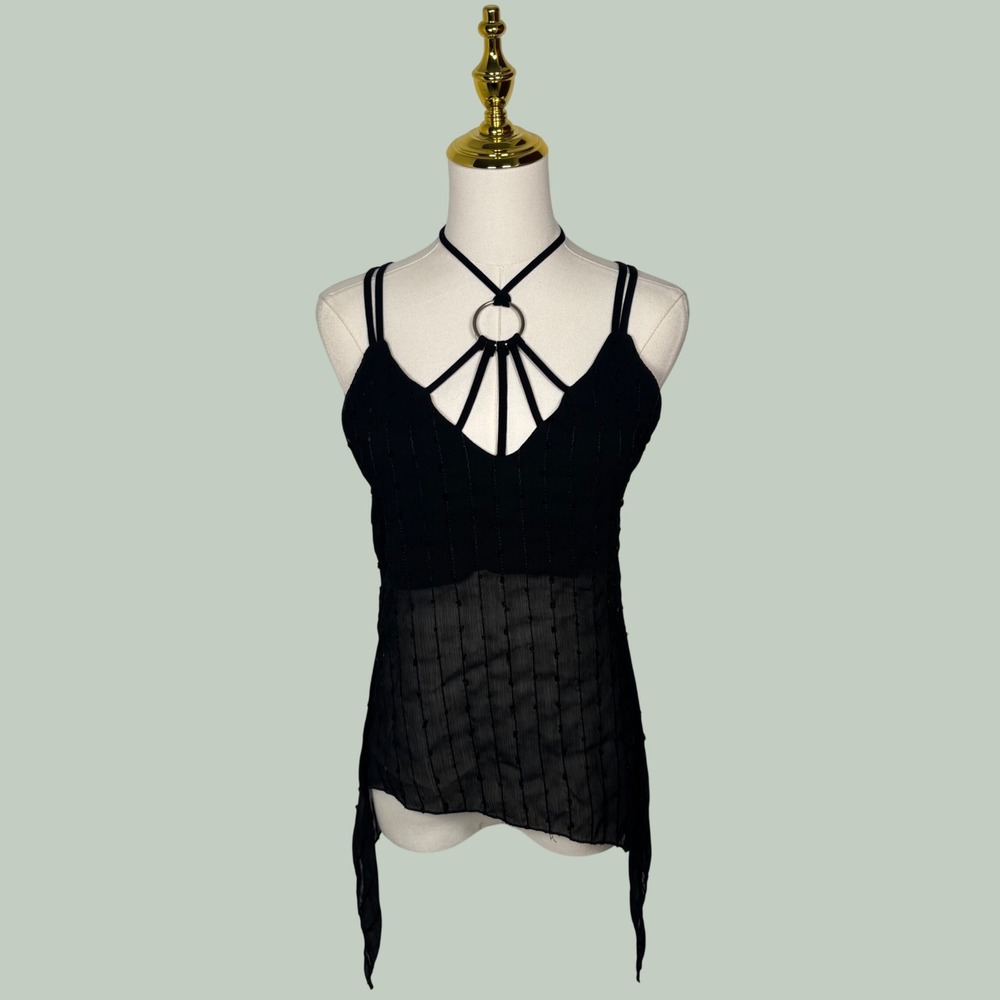 vintage black Y2K whimsigoth strappy embroidered sequin sheer top silver ring